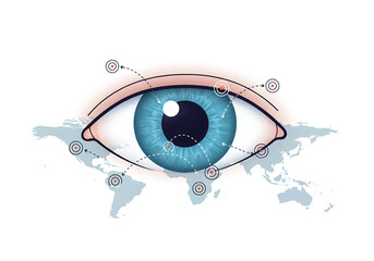 Illustration of a blue eye with a world map in the background and targeting symbols around it.