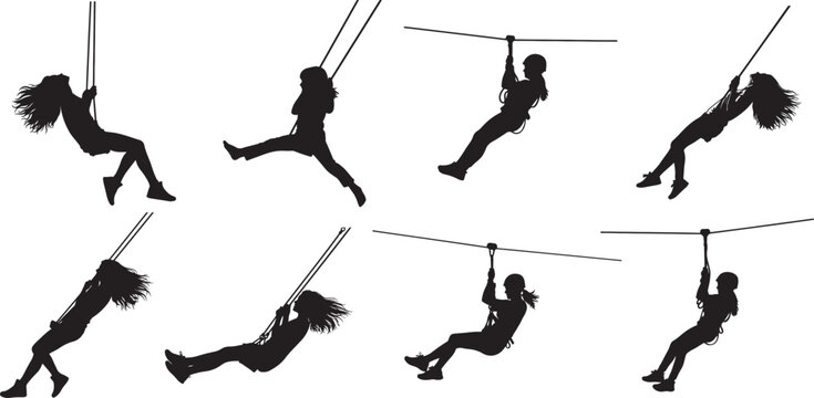 set of zip line silhouette | Collection of zip line adventure silhouettes for outdoor recreation | 