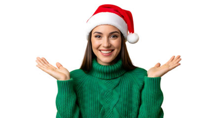 Cheerful woman in santa hat and green sweater presenting with open palms against a ready for christmas holiday season promotions and advertising