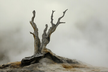 A petrified tree standing near a steaming geyser