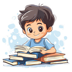 Young Boy Studying with Books Vector Illustration   , vector style simple color