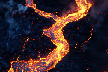 A river of molten lava slowly consuming everything in its path