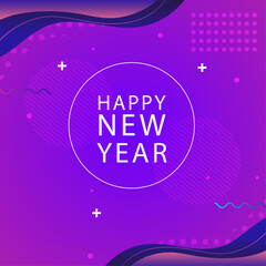 Happy New Year Celebration with Abstract Geometric Shapes and Vibrant Purple Background