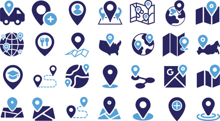 Vector Set of GPS, Map, and Location Icons: Pin Marker, Navigation, Truck Delivery, and Global Positioning