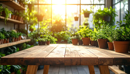 Wooden table with plants in greenhouse bright sunlight copy space