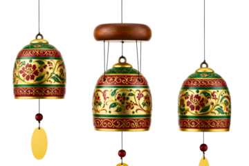 Ornate hanging wind chime bells with traditional floral design on a transparent background