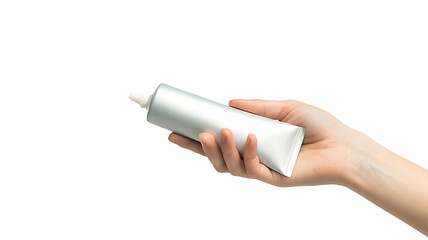 Hand holding a white squeeze tube against a white background