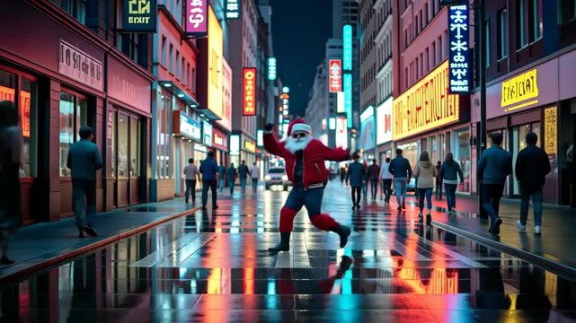A senior modern man dressed as Santa Claus walks and dancing through a vibrant city street at night. Neon lights reflect on the wet pavement, creating a festive atmosphere, zoom out