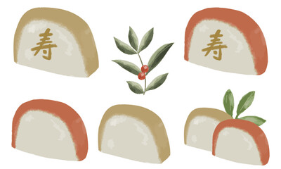 紅白の蒲鉾（かまぼこ）のイラスト素材セット（おせちやお祝い事のお料理の素材として）