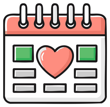 Calendar icon displaying pink heart with green and white day marks, for romance or event planning
