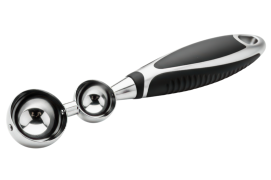 Double-sided stainless steel melon baller with a comfort grip handle on a transparent background