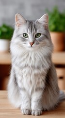 Obraz premium Fluffy Silver Tabby Cat with Green Eyes Sitting on Wooden Surface with Blurred Green Plants in Background and Subtle Glitter Effect on Fur Studio Portrait