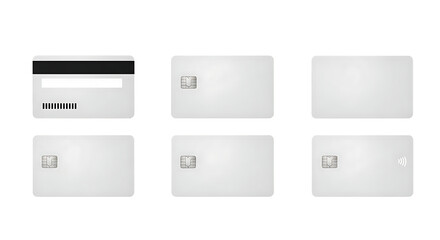 Set of six blank white credit cards isolated on transparent background