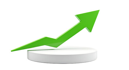 Green arrow pointing up on a white podium isolated on transparent background