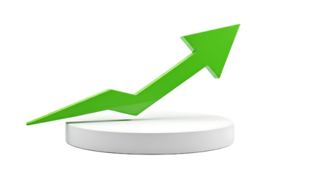 Green arrow pointing up on a white podium isolated on transparent background