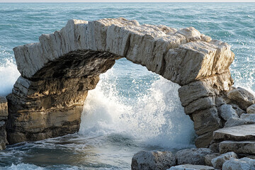 A rugged stone arch standing resilient against crashing waves