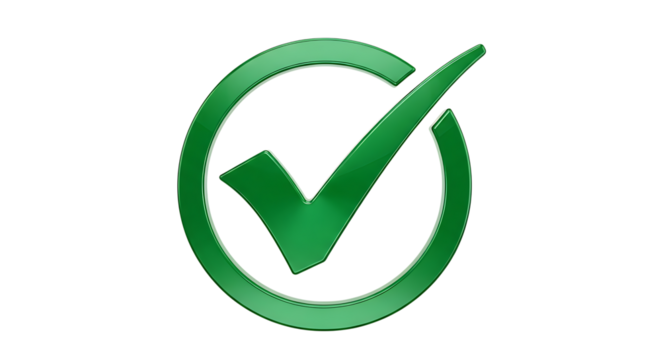 Green check mark in a circle isolated on transparent background, symbol of approval