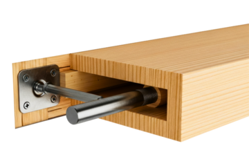 Concealed floating shelf bracket mounted in a wooden plank on a transparent background