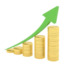 Financial Growth Bar Chart with Stacks of Gold Coins and Rising Arrow