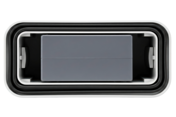 Top view of an open waterproof container with a grey insert on a transparent background