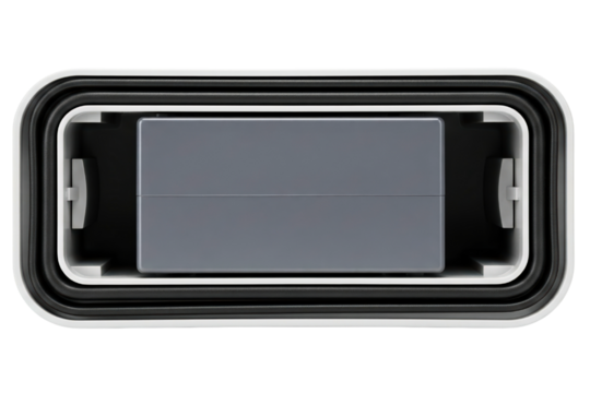 Top view of an open waterproof container with a grey insert on a transparent background