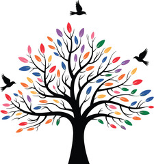 Obraz premium Colorful tree illustration, multicolored leaves artwork, flying birds design, nature diversity concept, vibrant seasonal graphic, symbolic growth and harmony