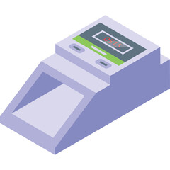Digital scientific scale with a gray base and a green illuminated display showing red numbers on a transparent background in a studio setting