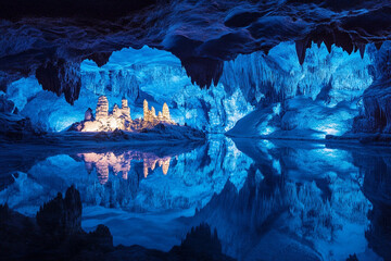 A glowing quartz cavern reflecting in the tranquil waters of an underground river