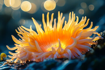 A glowing sea anemone pulsating beneath softly lit waves  
