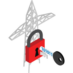 Digital Security Padlock and Key With Binary Code Overlaying A Power Transmission Tower In A Virtual Isometric Environment