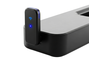 Small black wireless internet adapter dongle with a blue LED light on a transparent background