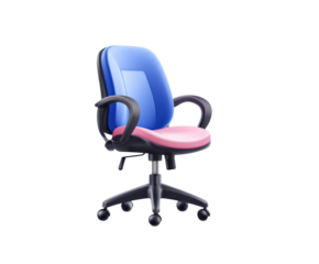 Modern Office Chair With Blue Backrest And Pink Seat On Wheeled Base isolated on transparent background. PNG die-cut for advertising