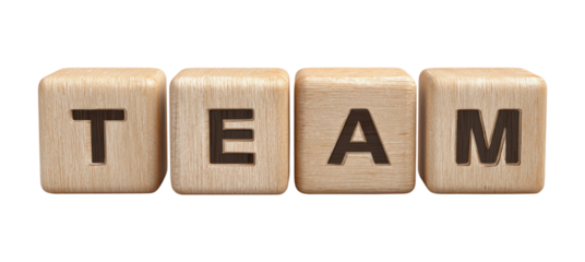 Four wooden letter blocks spelling word TEAM arranged in a row, isolated on transparent background