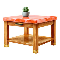 Wooden side table with marble top and succulent plant featuring one drawer and a lower shelf isolated on transparent background. PNG die-cut for advertising