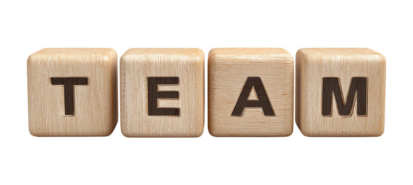 Four wooden letter blocks spelling word TEAM arranged in a row, isolated on transparent background
