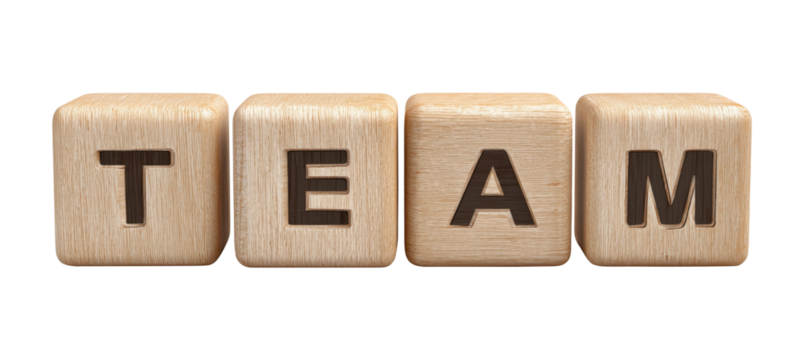 Four wooden letter blocks spelling word TEAM arranged in a row, isolated on transparent background
