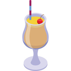 Pixel art isometric tropical cocktail with yellow liquid red cherry and blue striped straw on a white background