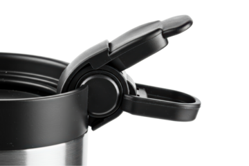 Close-up of an open black flip-top lid on a travel mug on a transparent background