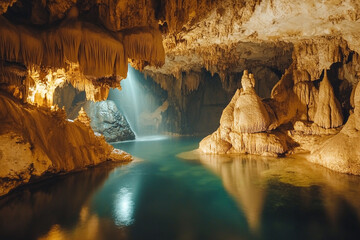 A hidden cave behind a limestone waterfall