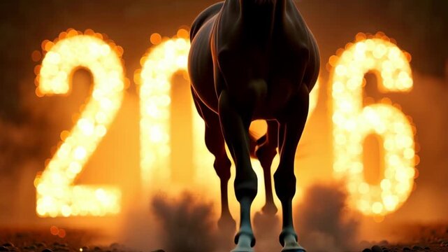 A brown horse gallops towards the viewer in front of fiery numbers representing the year 2026. The background is illuminated with bright flames.