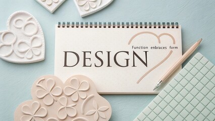 Creative workspace with design elements, notebook, pen, and decorative shapes on pastel background for artistic inspiration.