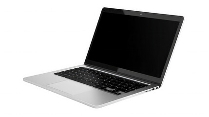 Sleek modern laptop computer with a blank screen on a black studio background on transparent background