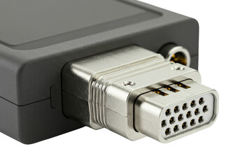 Close-up of a metal serial port connector on a transparent background