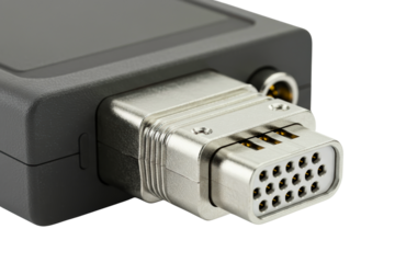 Close-up of a metal serial port connector on a transparent background