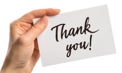 Hand holding white card with Thank you handwritten text, isolated on transparent background
