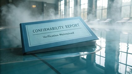Elegant confirmability report resting on a tranquil poolside, showcasing verification process in a serene and relaxing environment