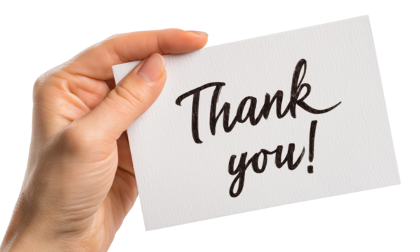 Hand holding white card with Thank you handwritten text, isolated on transparent background