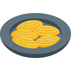 Pixel Art Illustration of Golden Potato Wedges Sprinkled with Salt on a Dark Gray Plate with a Transparent Background