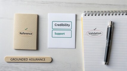 Grounded Assurance Concepts for Trust and Support with Notepad, Validation Card, and Reference Notebook on Table