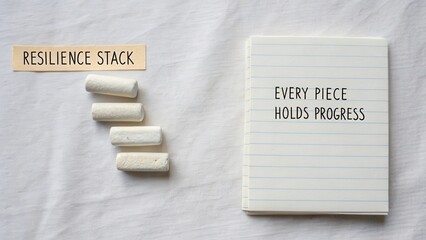 Inspirational Resilience Concept with Progress Notepad and Decorative Stones on Soft White Fabric Background